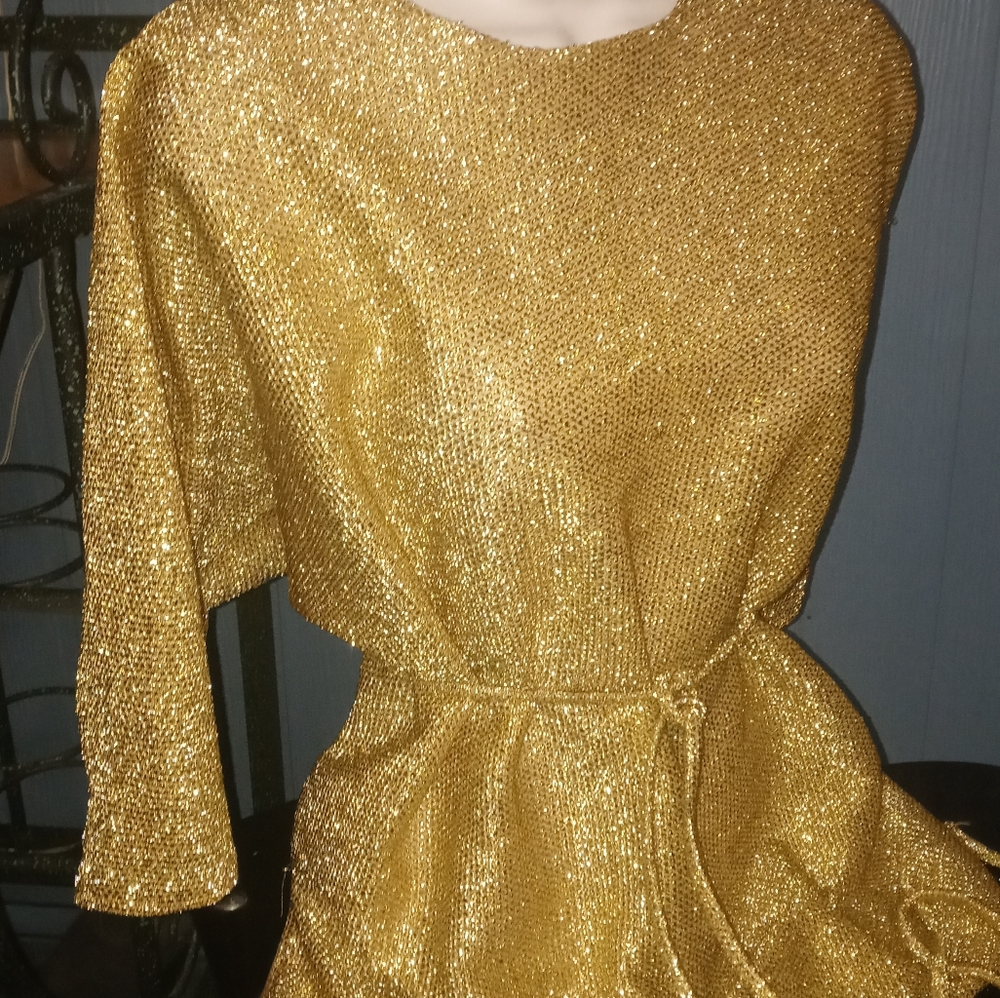 Vintage 1970's/80s Shiny Gold Blouse w/Rope Tie Belt STUNNING! M/L